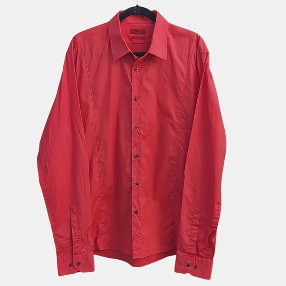 HUGO by Hugo Boss Slim Line Button Down Long Sleeve Coral Dress Shirt - Picture 1 of 12